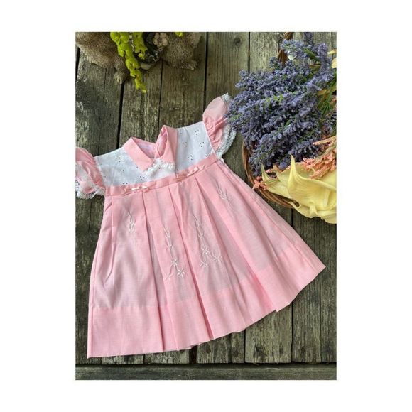 Vintage Other - 50s Baby Pink Fit & Flare Dress White Eyelet Lace Cap Flutter Sleeve Long Point